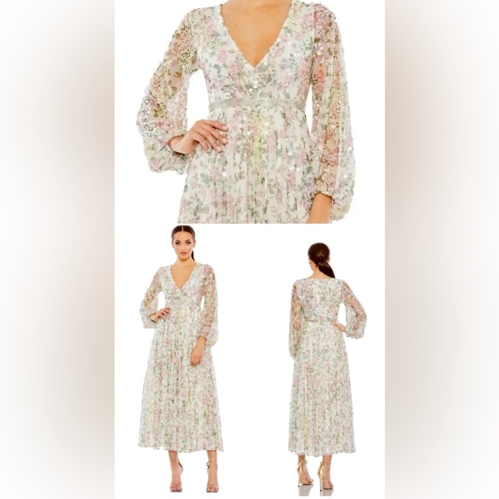 MAC DUGGAL 93788
White Embellished Floral Print Faux Wrap A Line Dress Sz 8